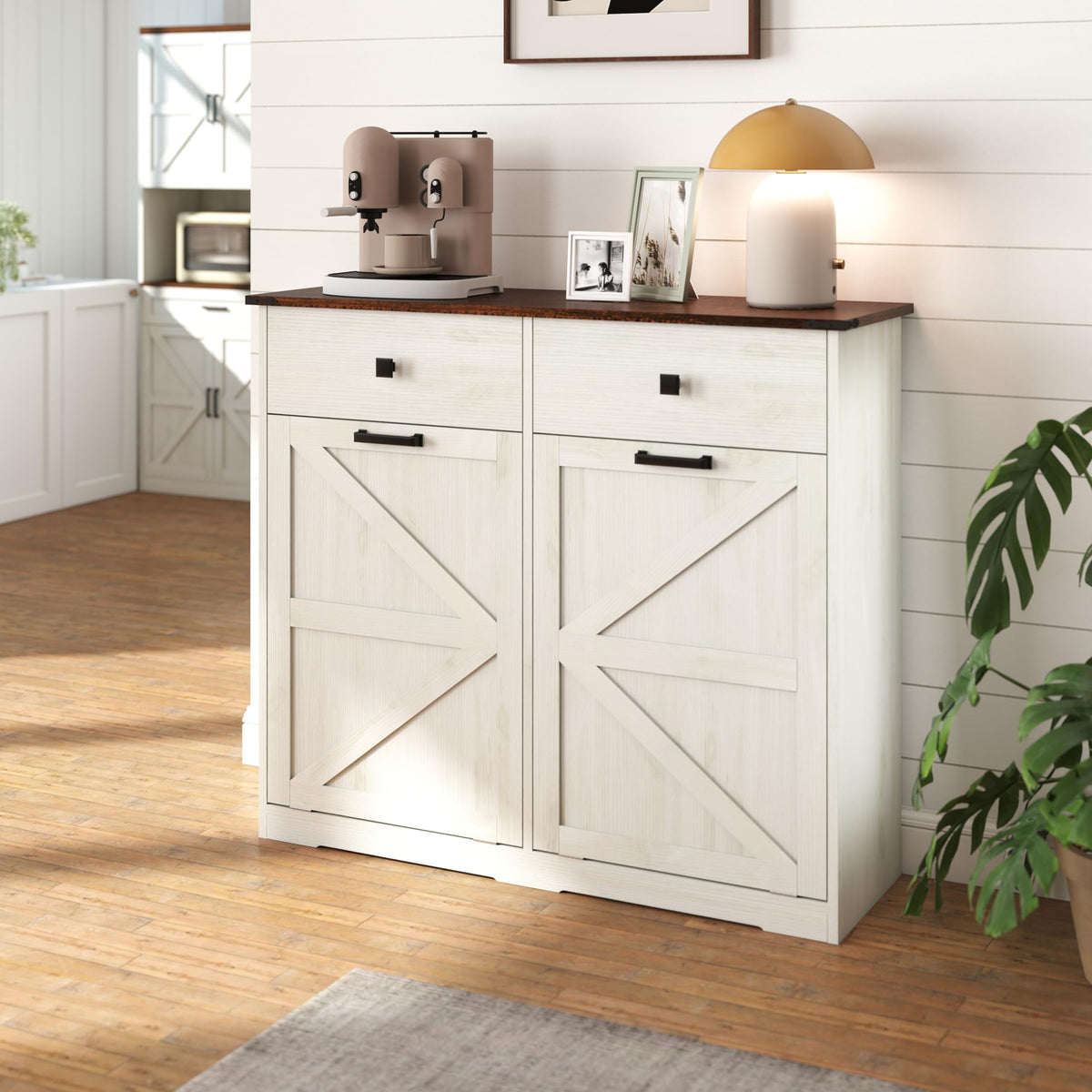 Antique White Double Tilt Out Trash Cabinet with 2 Drawers E97088