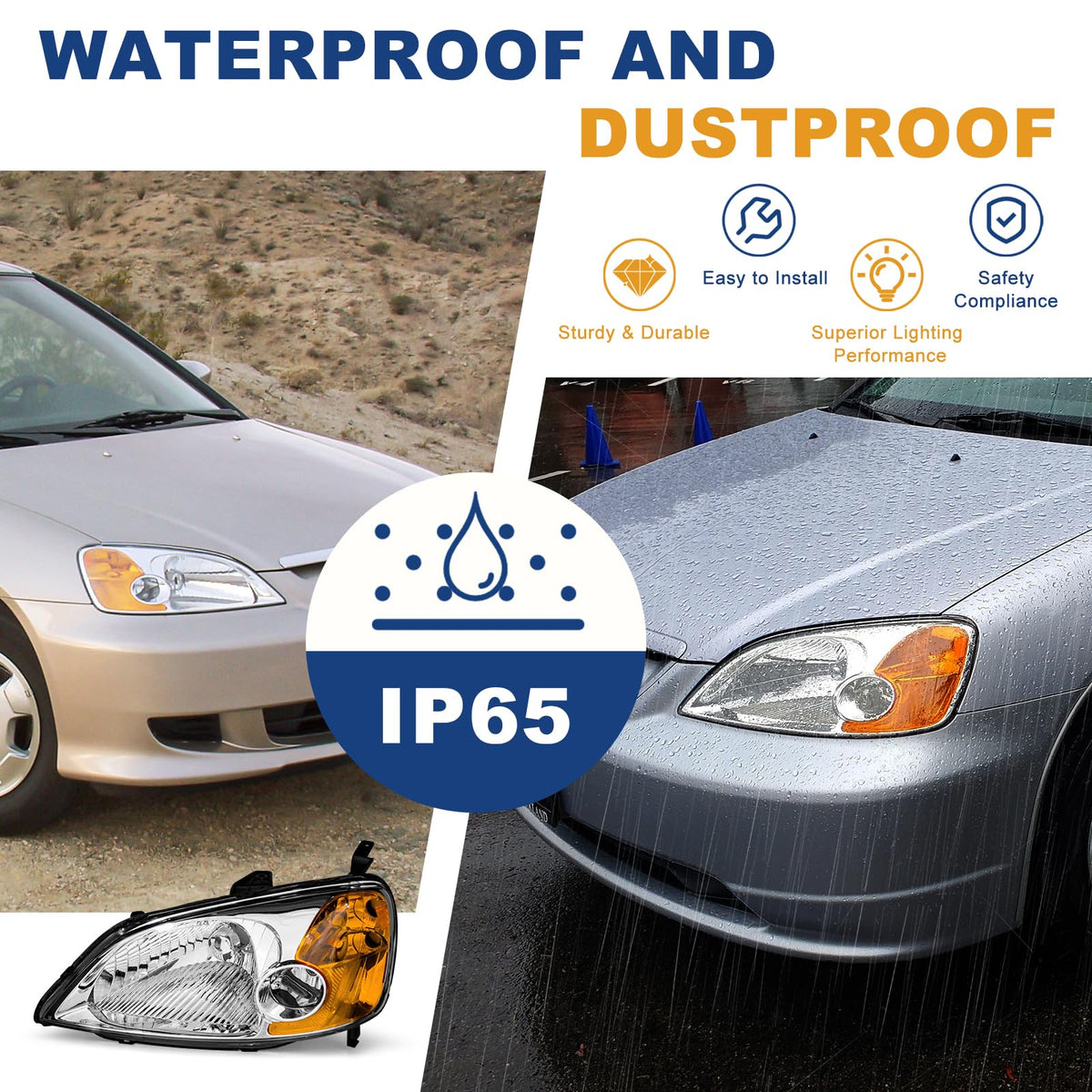 Headlight Assembly with Chrome Housing Amber Reflector Driver and Passenger Side M6575