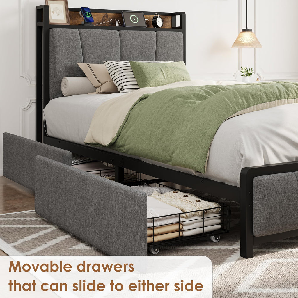 Gray Twin Size Bed Frame with 2 Drawers G870