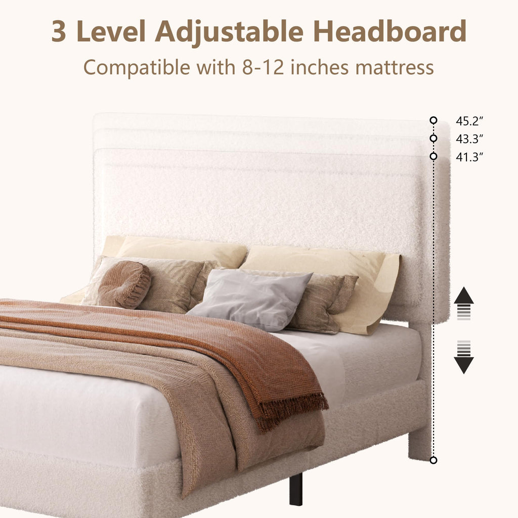 White Queen Size Upholstered Platform Bed Frame with Adjustable Headboard H31231