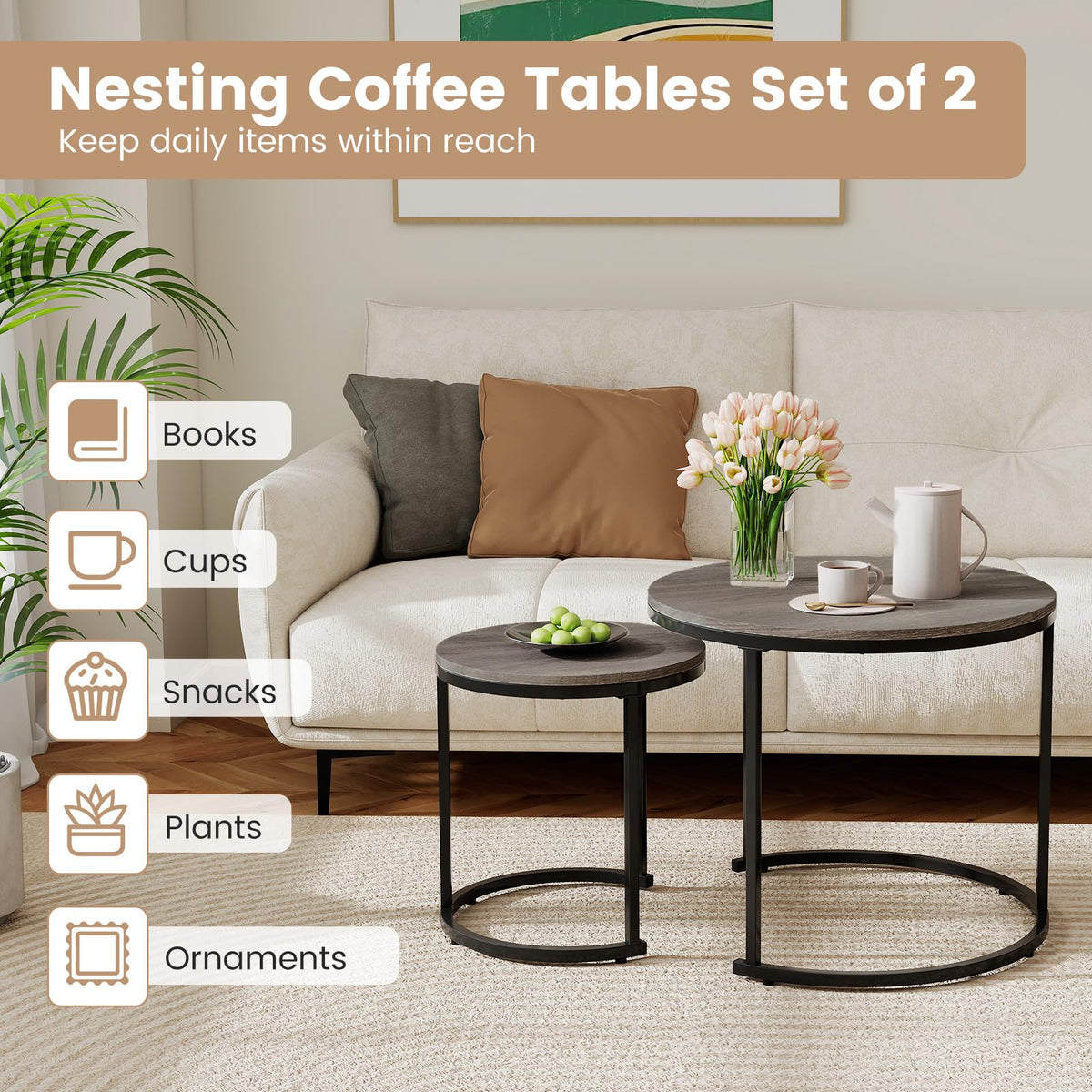 Round Nesting Coffee Table Set of 2 Grey Oak I901581