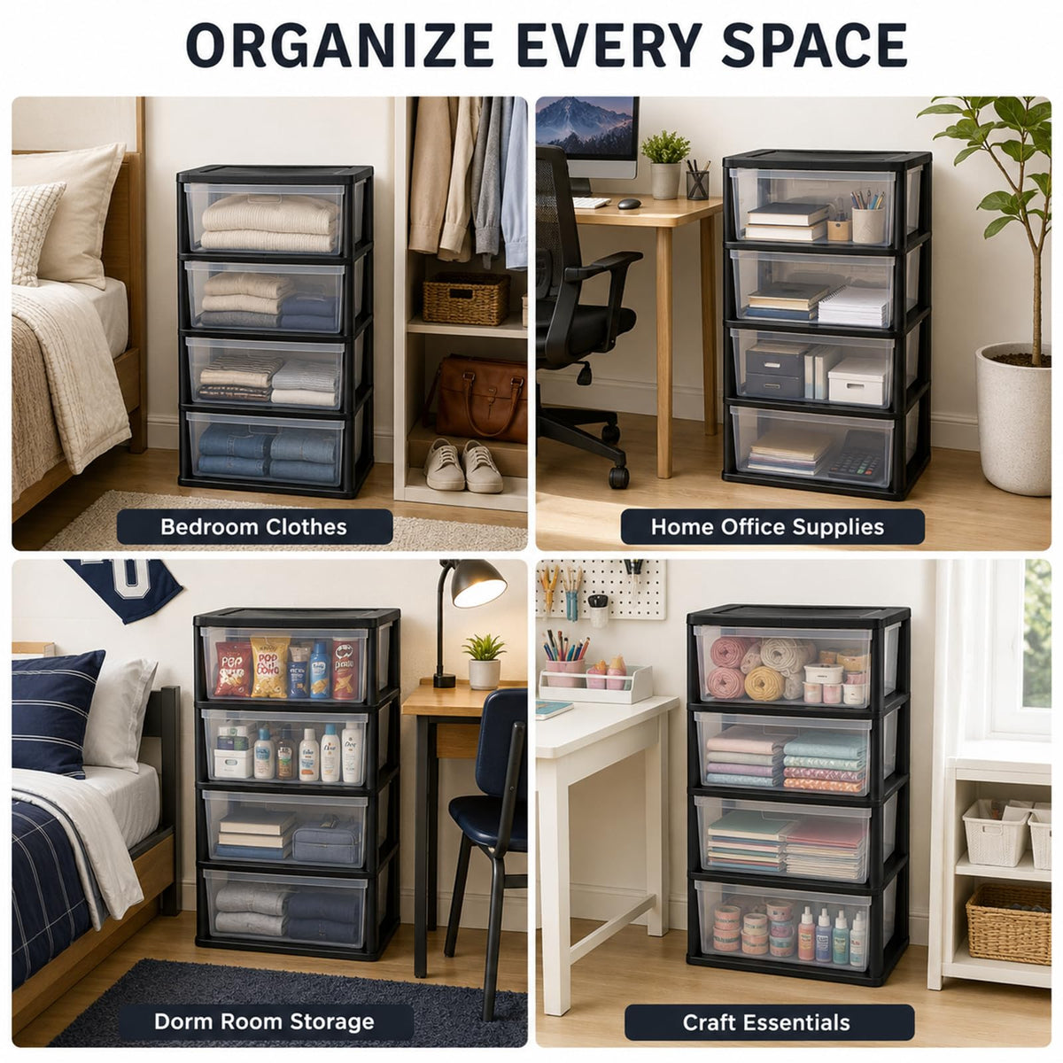 Wide 4 Drawer Plastic Storage Tower Organizer C905