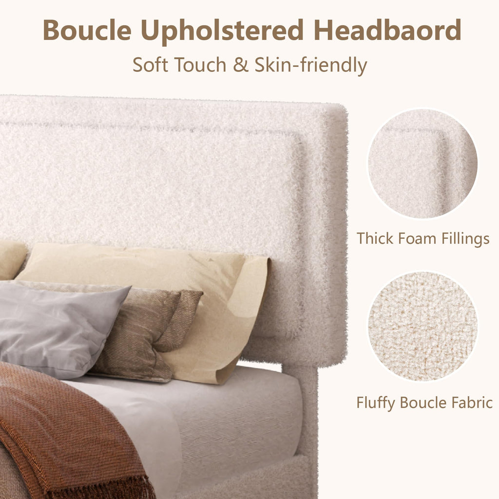 White Queen Size Upholstered Platform Bed Frame with Adjustable Headboard H31231