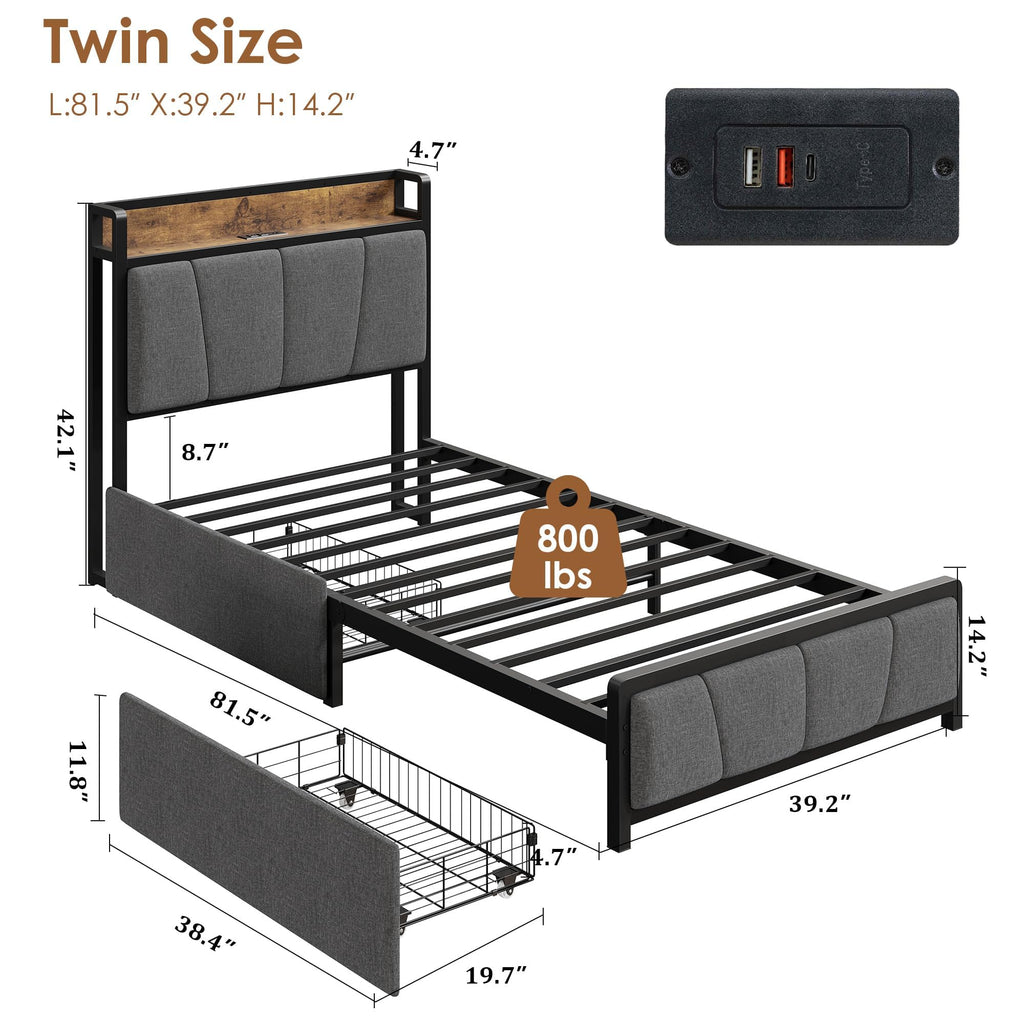 Gray Twin Size Bed Frame with 2 Drawers G870