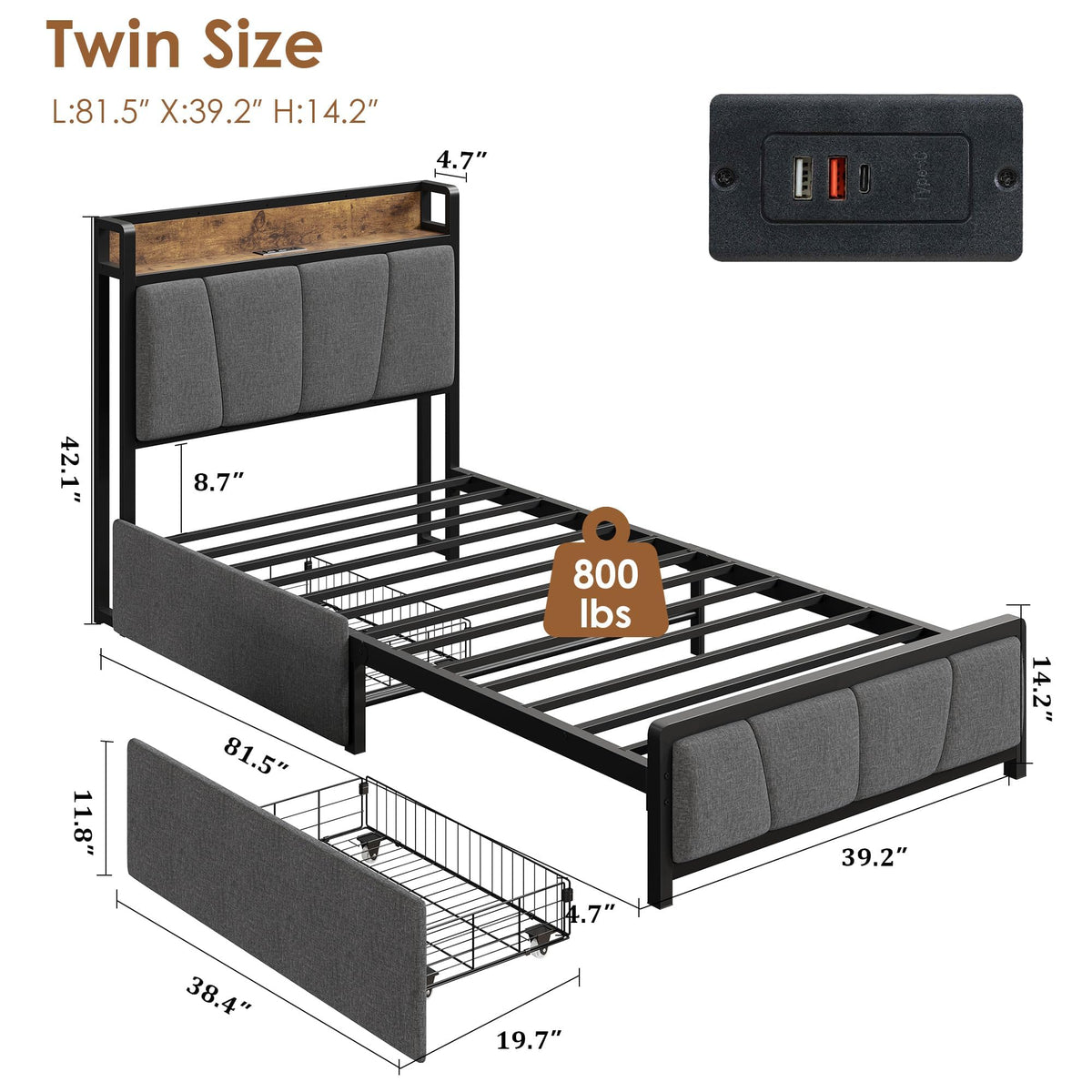 Gray Twin Size Bed Frame with 2 Drawers G870