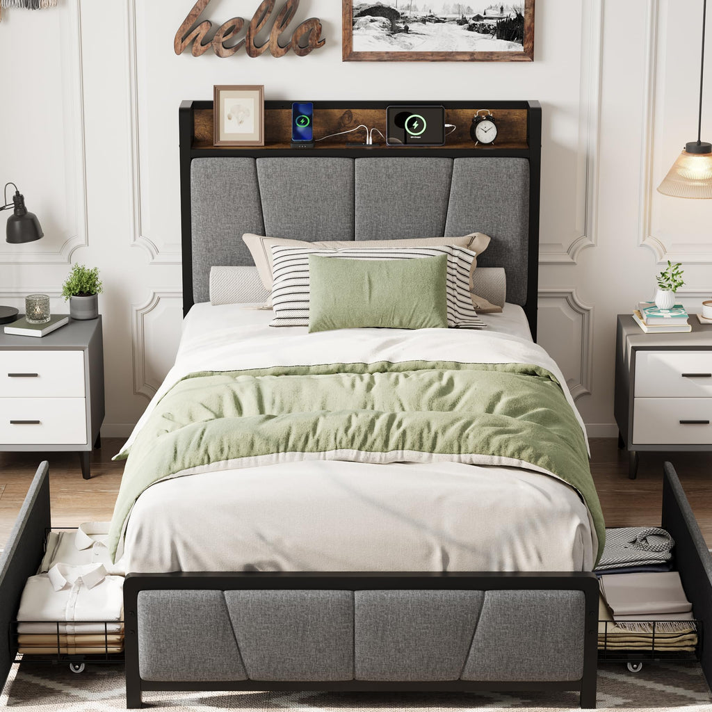 Gray Twin Size Bed Frame with 2 Drawers G870