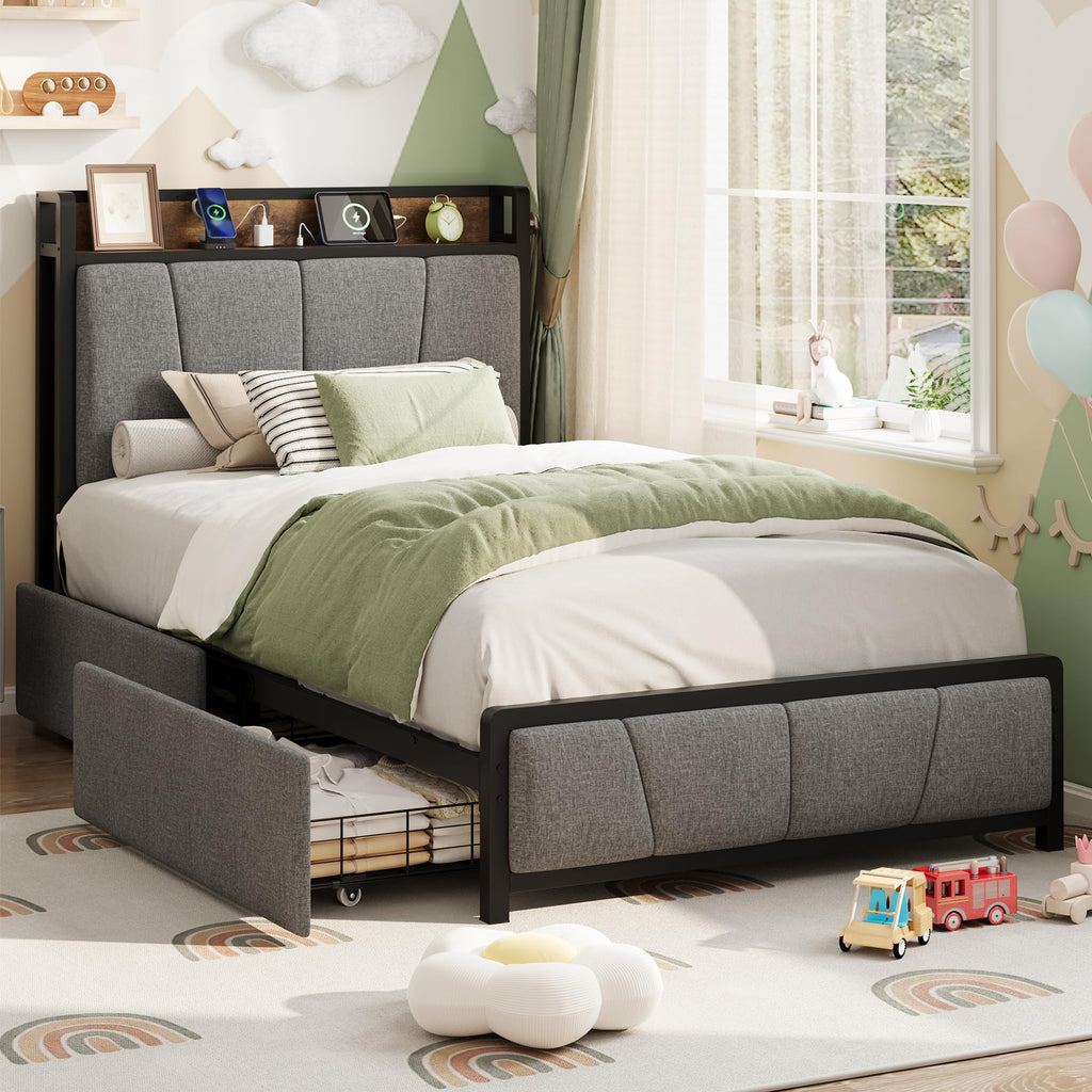 Gray Twin Size Bed Frame with 2 Drawers G870