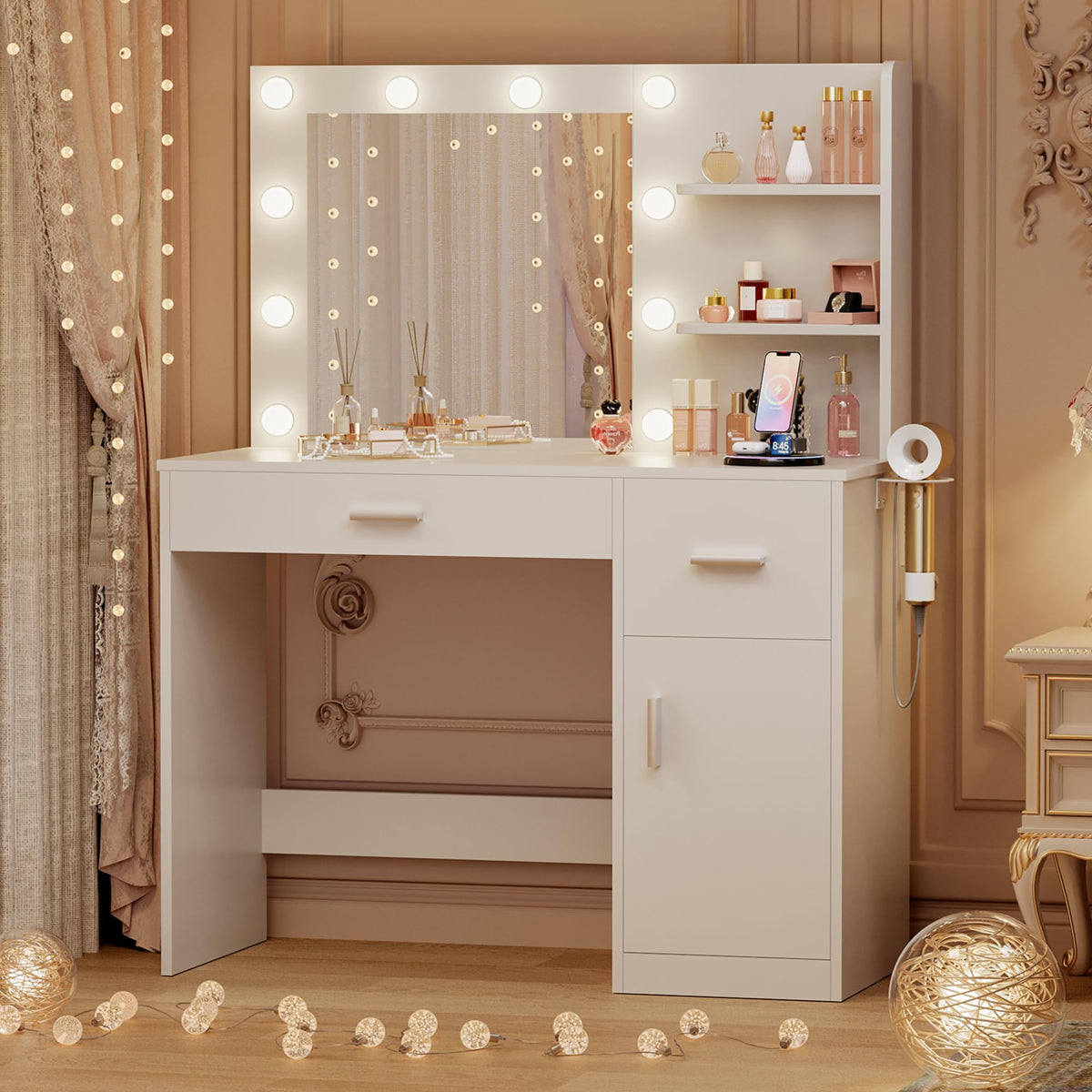 White Vanity Desk with Mirror & Charging Station Z340487
