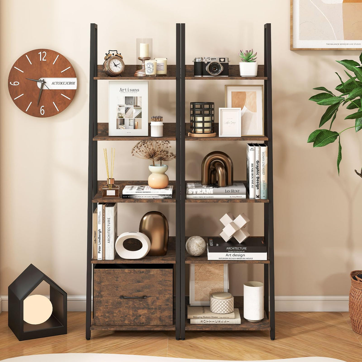 5-Tier Ladder Bookshelf with Fabric Drawer L26614