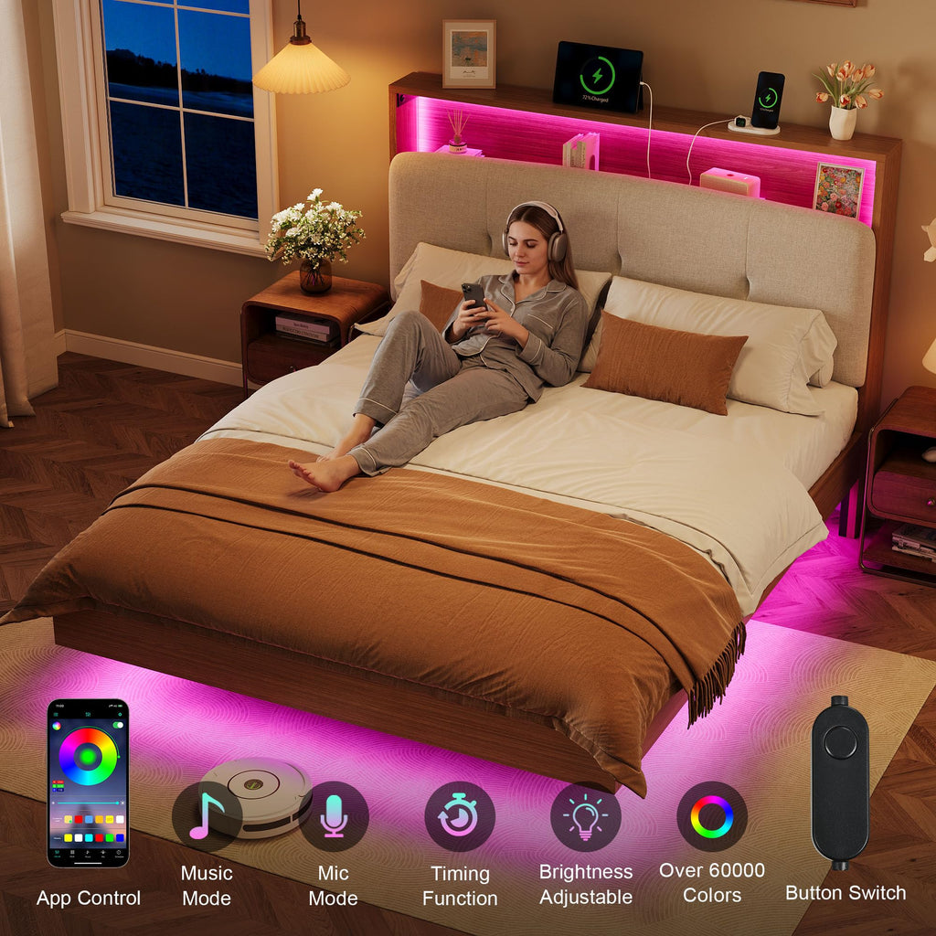 Full Size Floating Bed Frame with LED Light and Charging Station G8148