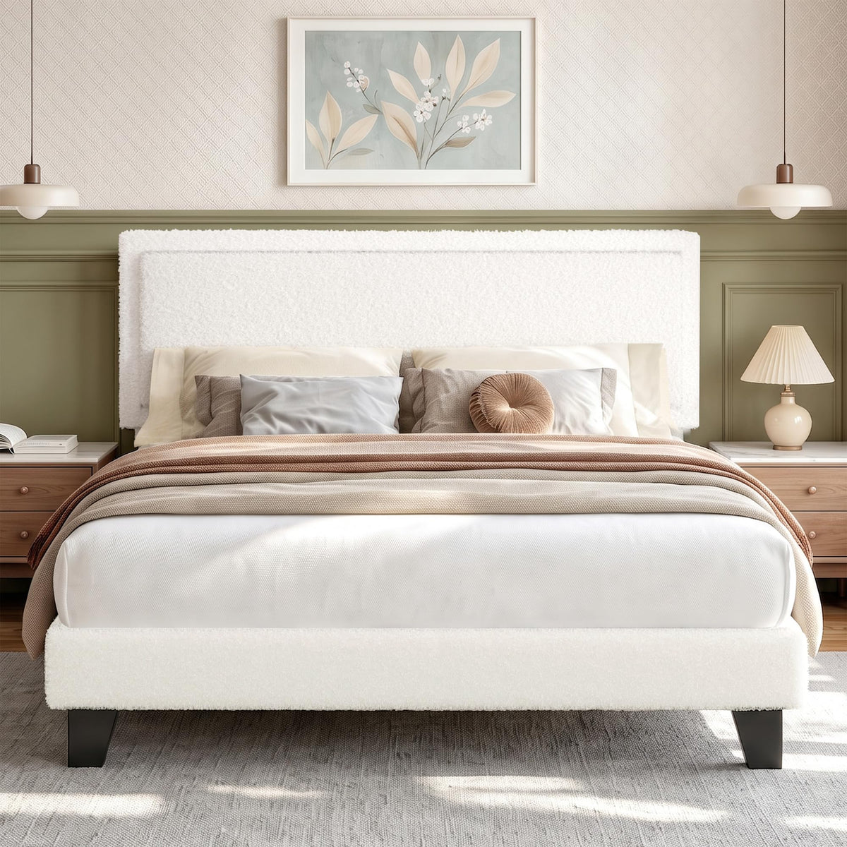 White Queen Size Upholstered Platform Bed Frame with Adjustable Headboard H31231