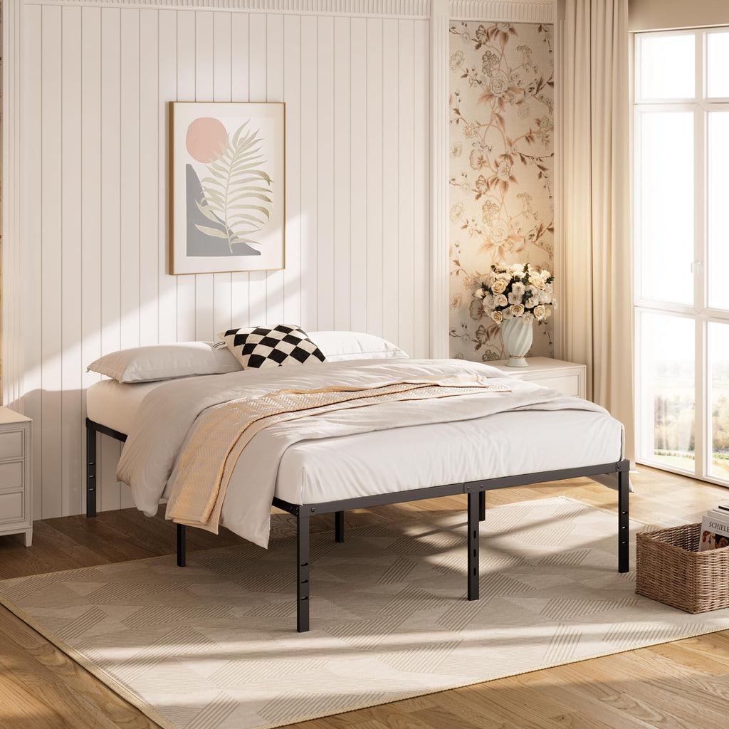 Queen Size Platform Bed Frame Steel Slat Support Black R2649
