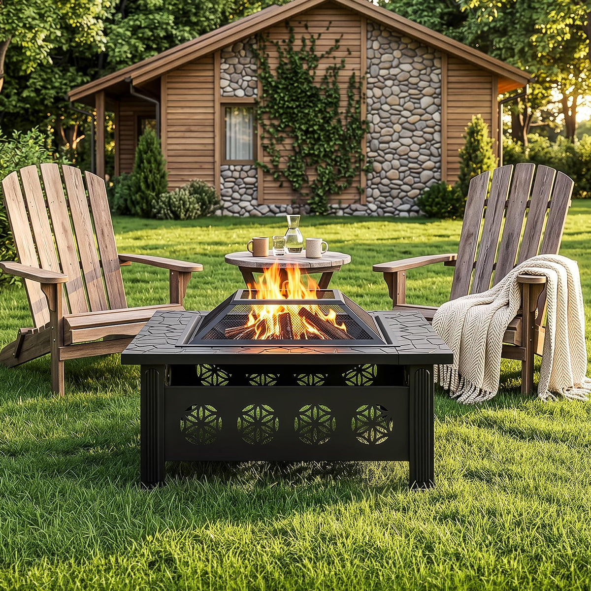 32 Inch Square Wood Burning Fire Pit Table with Spark Screen Lid and Fire Poker N490