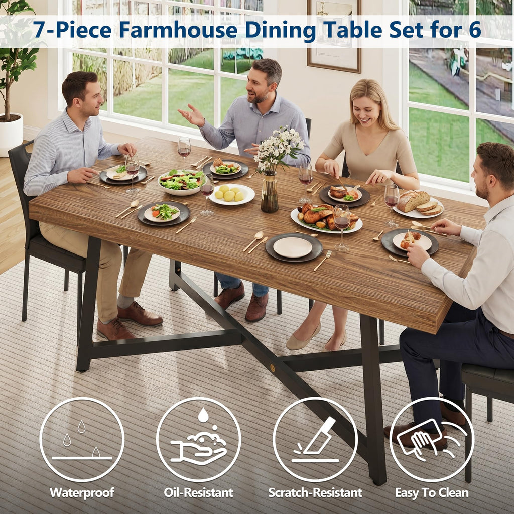 7 Pcs 71 inch Farmhouse Dining Table with Chairs Set for 6 Walnut L17080