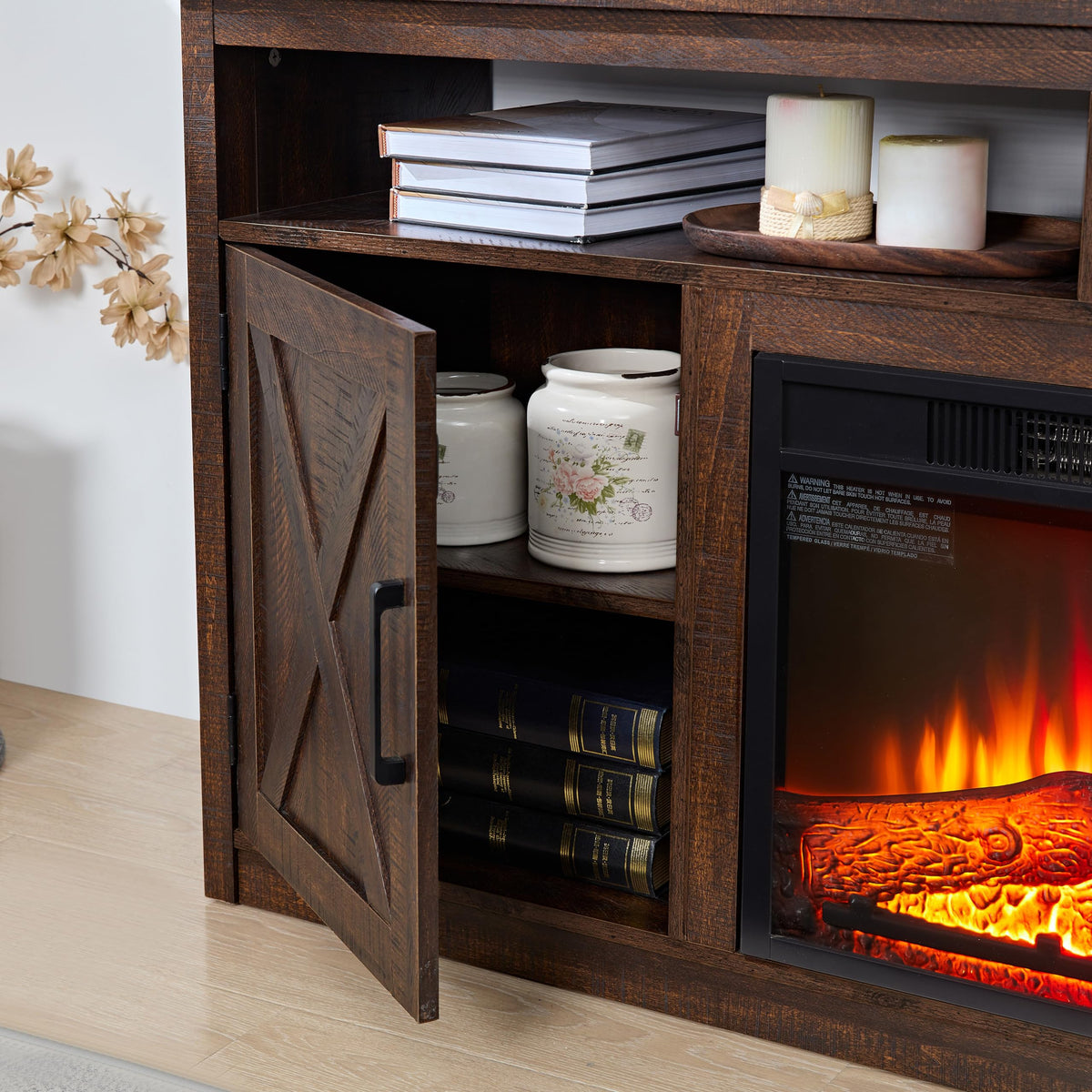 Farmhouse TV Media Stand with 18" Fireplace Insert, Espresso X16712