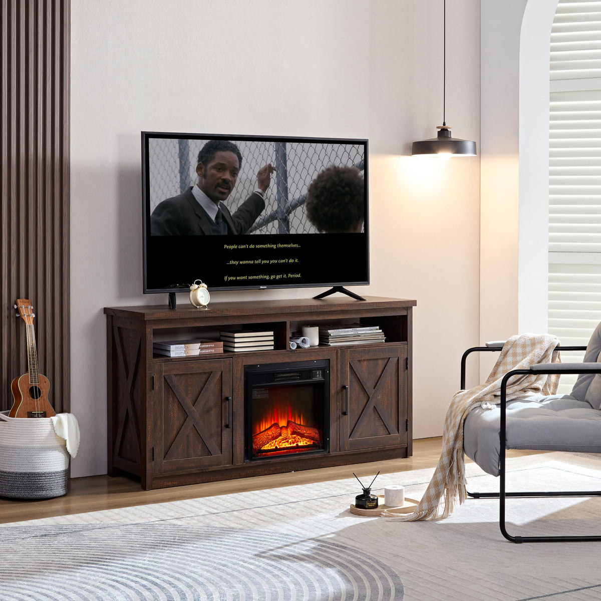 Farmhouse TV Media Stand with 18" Fireplace Insert, Espresso X16712