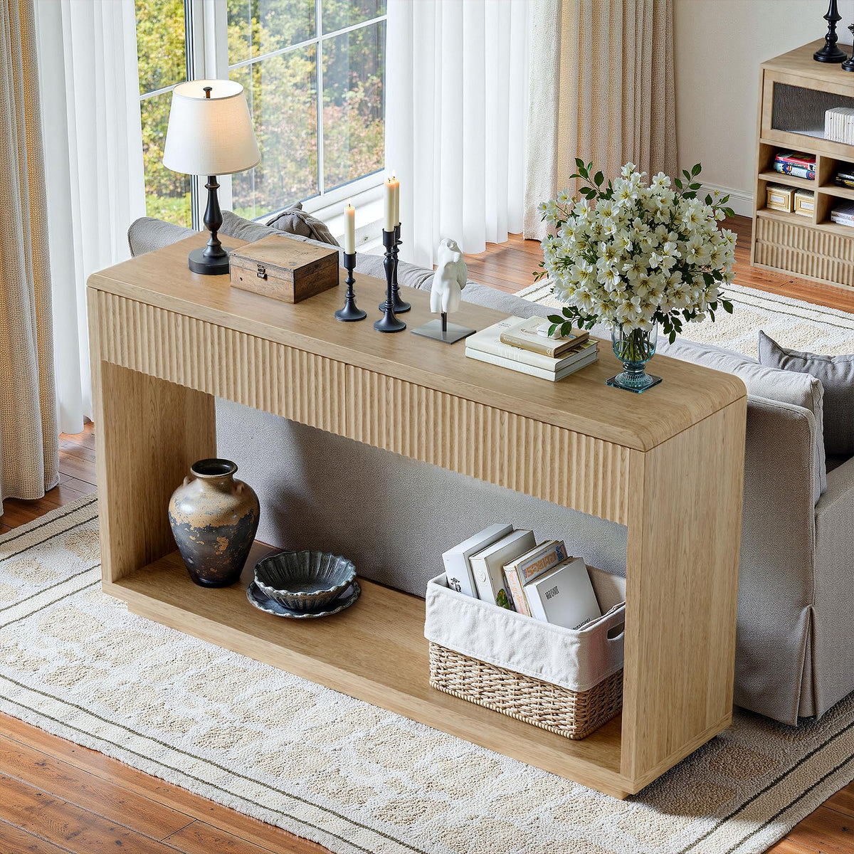 59'' Oak Console Table with Drawers V656