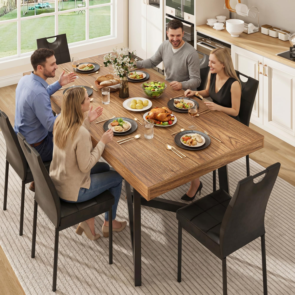7 Pcs 71 inch Farmhouse Dining Table with Chairs Set for 6 Walnut L17080