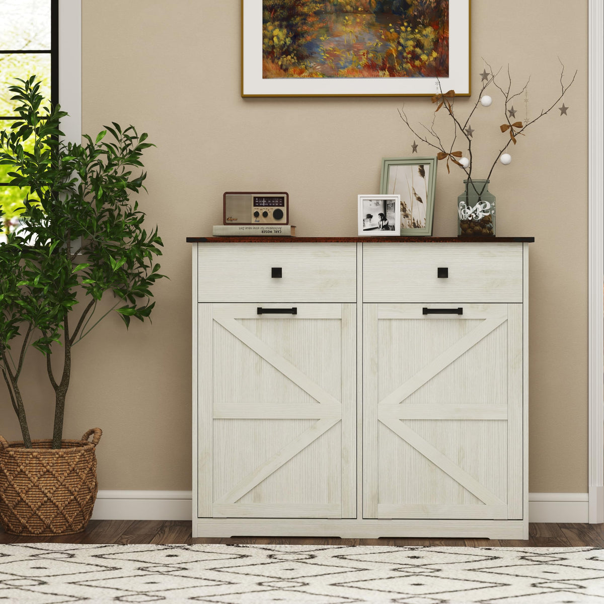Antique White Double Tilt Out Trash Cabinet with 2 Drawers E97088