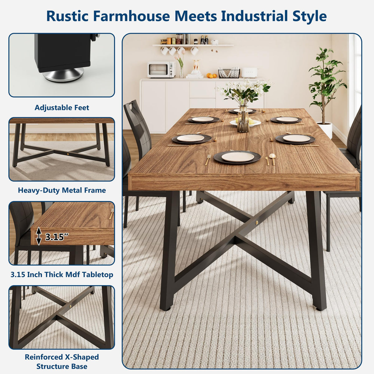 7 Pcs 71 inch Farmhouse Dining Table with Chairs Set for 6 Walnut L17080