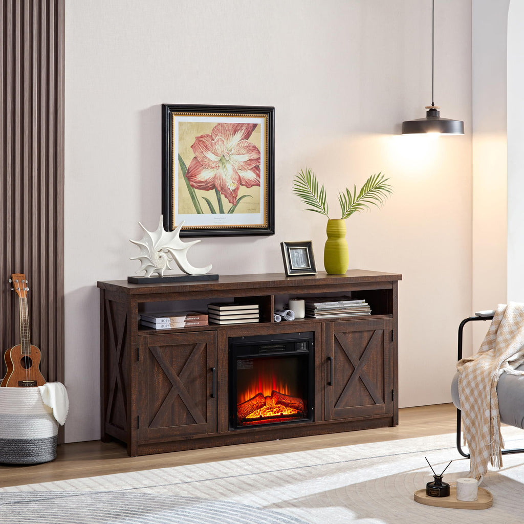 Farmhouse TV Media Stand with 18" Fireplace Insert, Espresso X16712