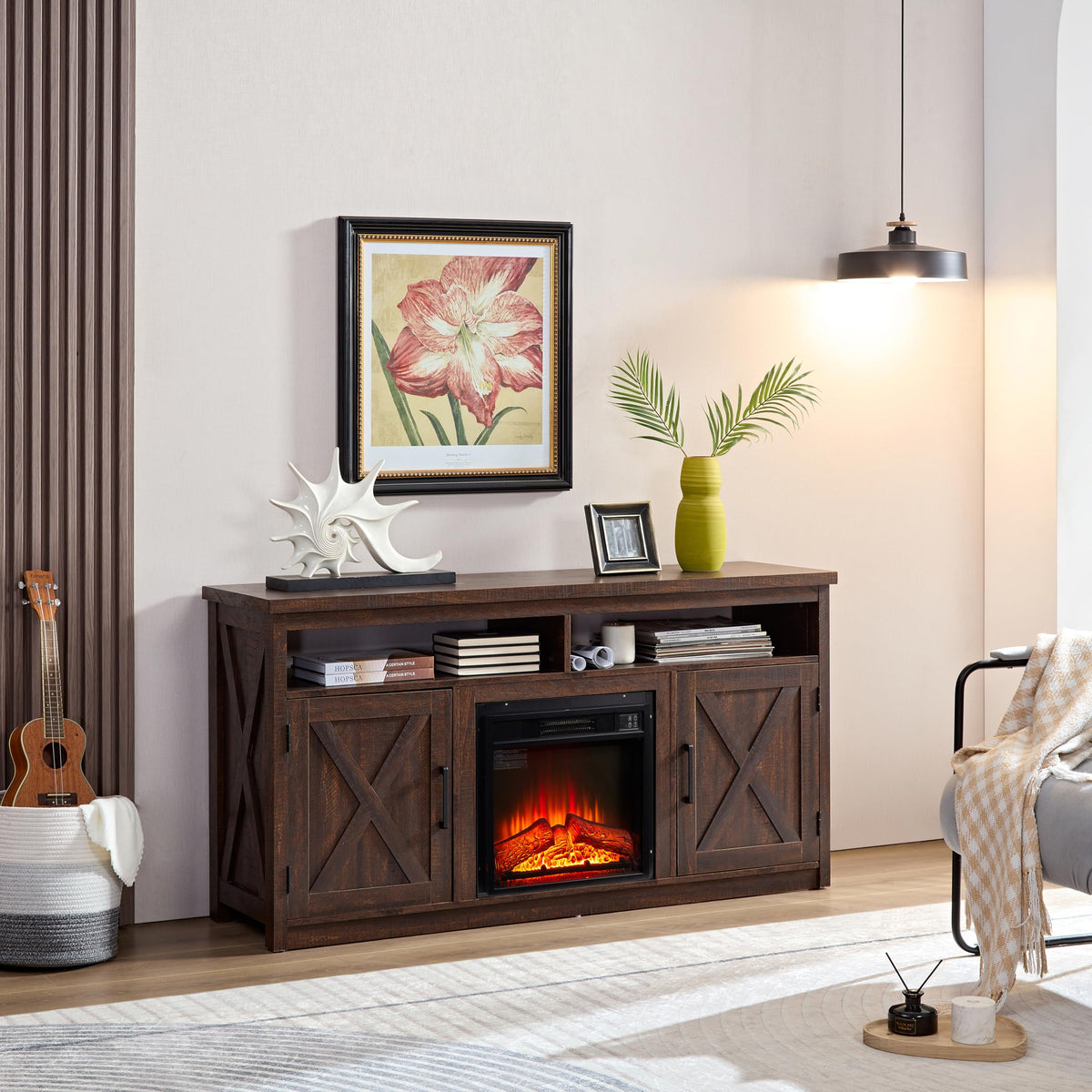 Farmhouse TV Media Stand with 18" Fireplace Insert, Espresso X16712