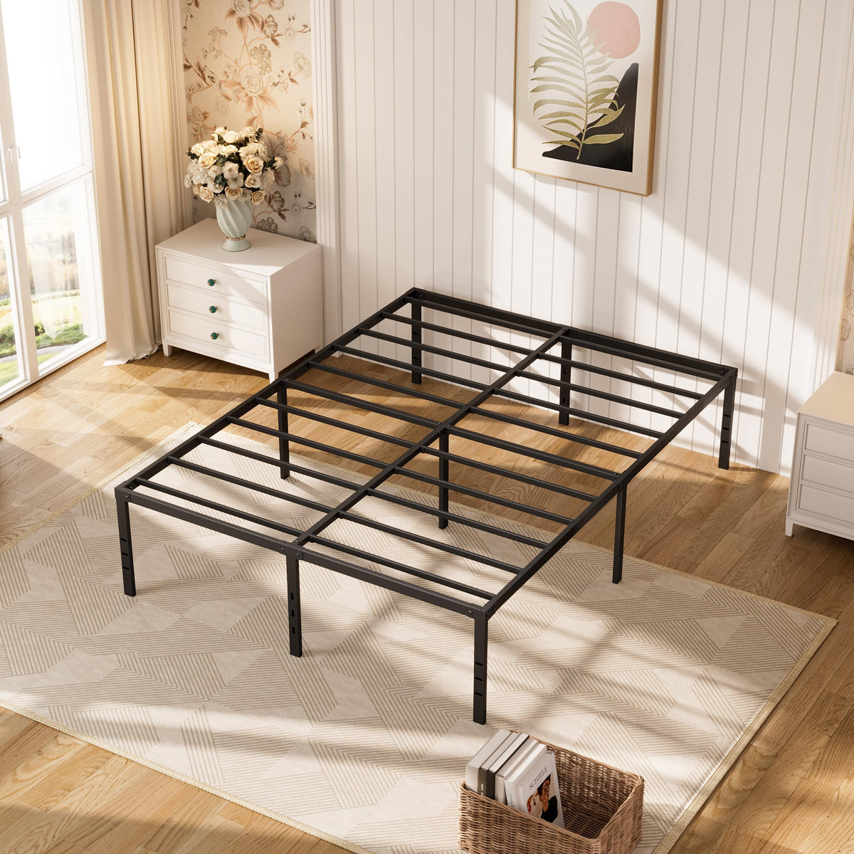 Queen Size Platform Bed Frame Steel Slat Support Black R2649