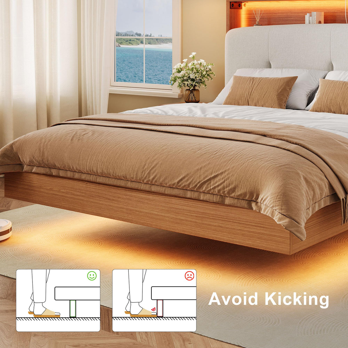 Full Size Floating Bed Frame with LED Light and Charging Station G8148