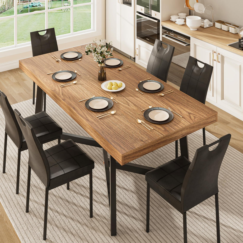 7 Pcs 71 inch Farmhouse Dining Table with Chairs Set for 6 Walnut L17080