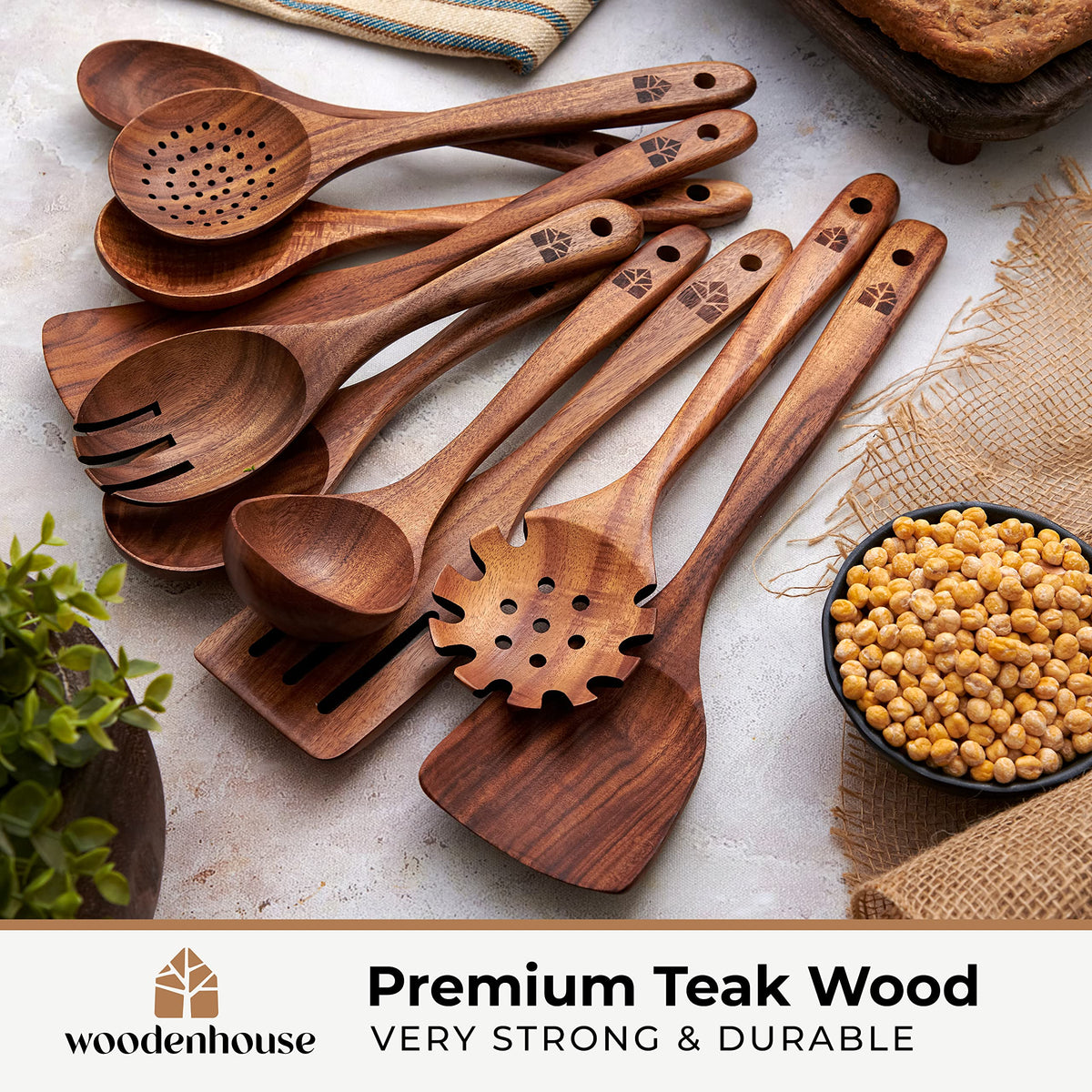 10 Pcs Non Toxic Teak Wooden Kitchen Utensils Set P51075